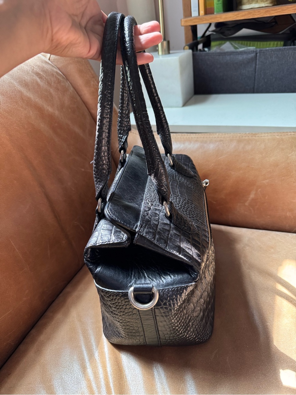 Italian croc embossed leather Classic Structured Tote hardware buckle silver - Picture 8 of 16
